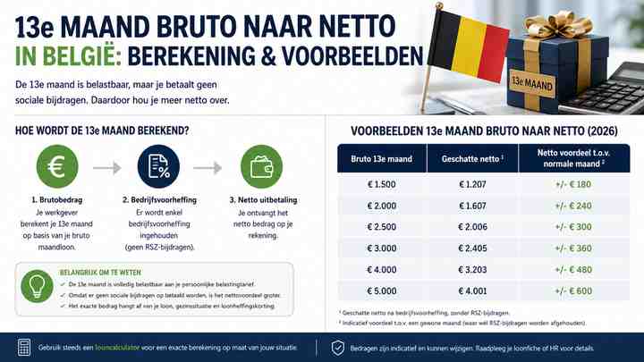 13e maand bruto naar netto in België: berekening en voorbeelden