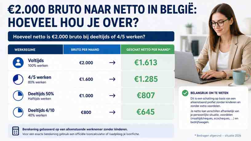 Hoeveel netto is €2.000 bruto bij deeltijds of 4/5 werken?